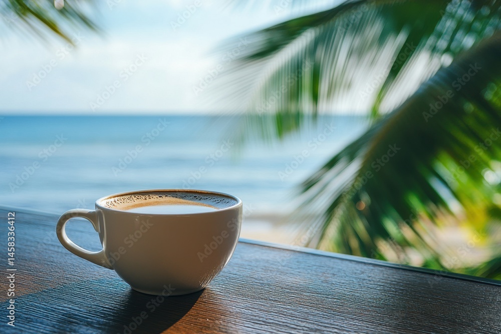 Poster enjoying coffee with a breathtaking ocean view and palm trees in the background, coffee cup on a tab