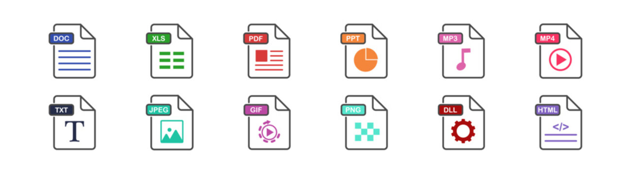 File format flat icon set. File format symbols set, document text, web format information, images, vector images. Vector illustration.