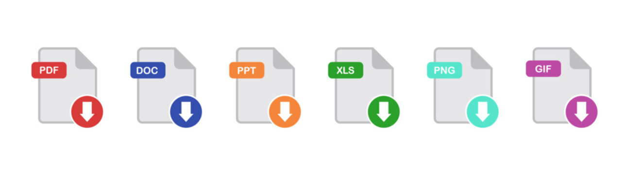 File format extensions. doc, xls, ppt, pdf file format document icons. File format vector icons, editable file format icons