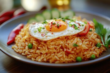Delicious spicy fried rice topped with a perfectly fried egg served on a plate with fresh veggies, fried rice with fried egg on plate , delicious, spicy, food Photo