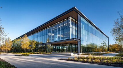 Obraz premium Glass-clad corporate building with an expansive curtain wall, clean minimalist design, bright natural light highlighting its modern facade. 