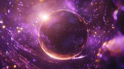 Naklejka premium Cosmic sphere bathed in vibrant purple and gold light.