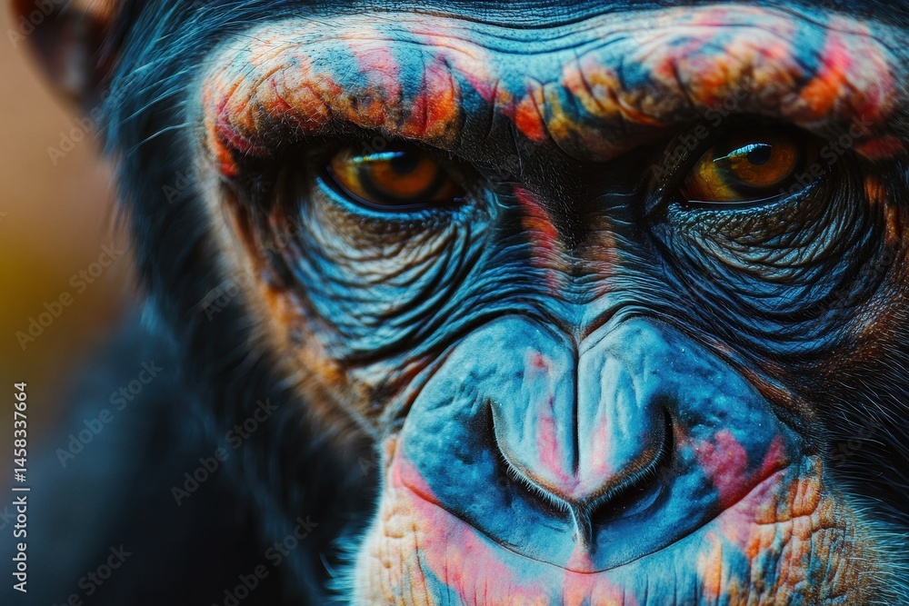 Poster closeup view of a chimpanzee's expressive face featuring vibrant abstract overlay, closeup of chimpa