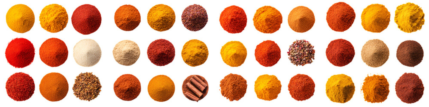A colorful assortment of spices and herbs. long_title:A diverse collection of various spices, herbs, and seasoning powders in an array of vibrant