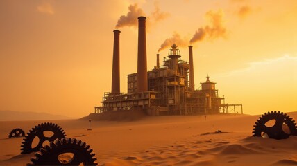 Abandoned Factory in Wasteland with Steam Emission at Sunset