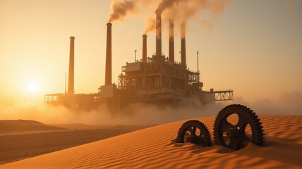 Desert Industrial Scene with Smoke Stacks and Gears in Wasteland