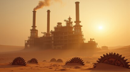 Industrial Wasteland in the Desert with Steam and Gears at Sunrise