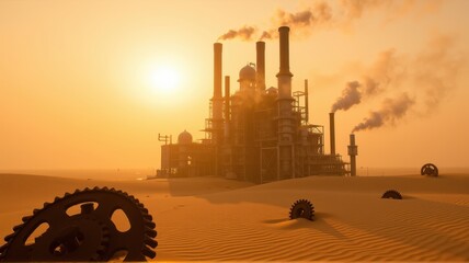 Wasteland Factory with Smoke Stacks and Machinery in Desert Sunset