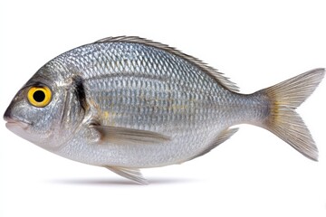Obraz premium Freshly captured silver fish showcasing vibrant golden eye with intricate scales highlighted against clean white background creating stunning visual impact for culinary presentation
