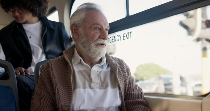 Thinking, window and relax with old man on bus for reflection retirement and journey. Public transportation, memory and vision with person on vehicle for morning drive, metro and tram services
