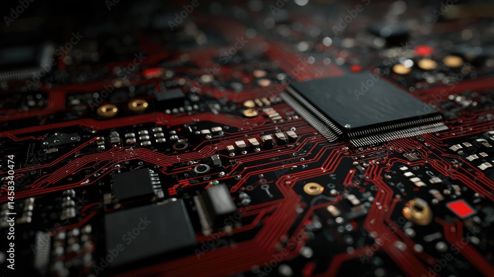 Poster circuit board: intricate red traces and dark processor