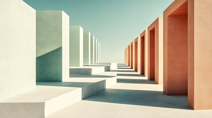 A row of colorful, geometric structures under a clear blue sky