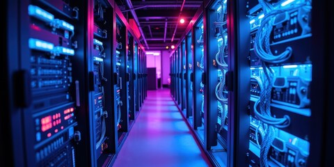 High-Tech Data Center with Blue and Purple Lighting Effects