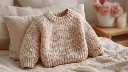 Warm knitted wool sweater for child lying on linen bedding in cozy minimal setting