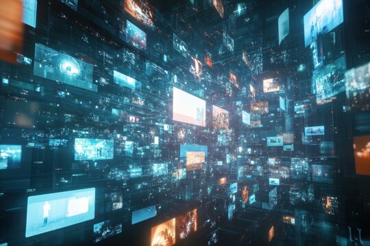 Futuristic social media interface showcasing vast digital content streaming in a vibrant network environment, Futuristic social media streaming interface a network of Photo