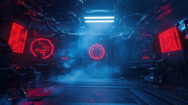 Futuristic Cyberpunk Interior: Red and Blue Neon Lights Illuminate a High-Tech Room
