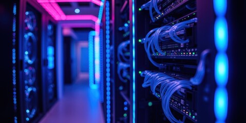 Modern Data Center with Colorful LED Lighting and Cabling