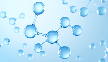 Water molecule structure is depicted this 3D render, showcasing beauty of molecular science with clear blue spheres representing atoms and bonds. image evokes sense of wonder scientific