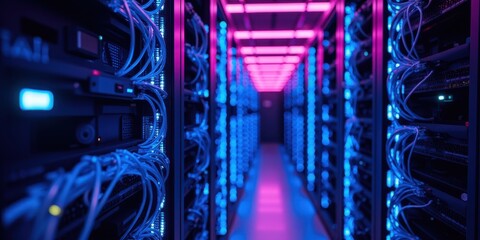 Futuristic Data Center with Neon Lights and Network Cables