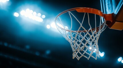 Basketball hoop under bright stadium lights.