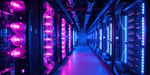 Modern Data Center Interior with Colorful LED Lighting Effects