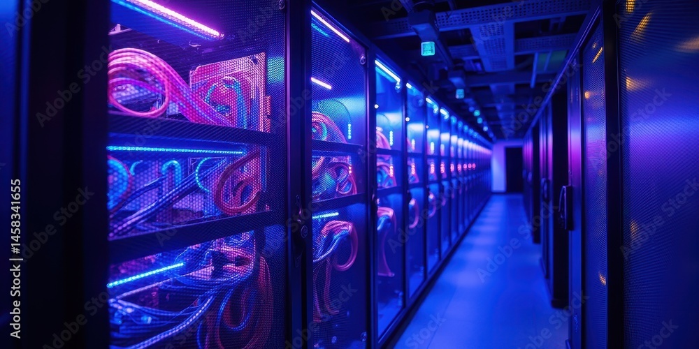 Poster modern data center with colorful lighted server racks and cables