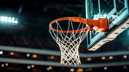 Close-up of a basketball hoop indoors.