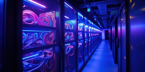 Modern Data Center with Colorful Lighted Server Racks and Cables