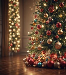 Ornate Christmas tree, vibrant baubles, soft bokeh lights ,  holiday,  tinsel