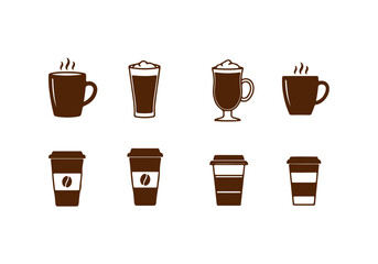 Eight brown coffee drink icons: mugs, glass, and takeaway cups with lids and sleeves.