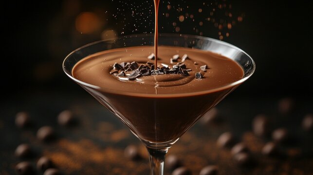 Dynamic perspective shot capturing pouring chocolate martini with swirling chocolaty syrup in fluid motion