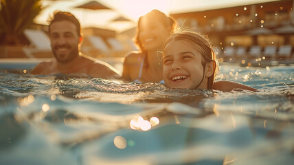 family swims in the warm pool at the hotel, sunset family vacation in the water