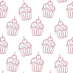 Seamless vector pattern with cupcake in minimalistic sketch style. Perfect for packaging, wrapping paper, cafe branding, textile design and backgrounds