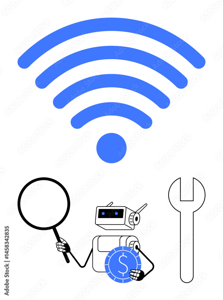 Poster robot holding a magnifying glass and coin under a wireless signal, next to a wrench. ideal for inter
