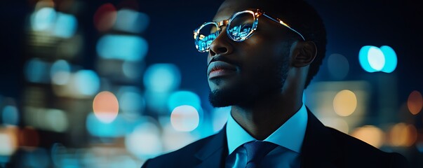 A man in a suit, gazing pensively at a vibrant, blurred cityscape at night