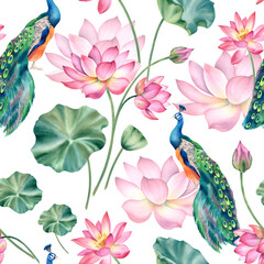 Lotus flower and peacock seamless pattern. An illustration of a pink water lily hand painted. Hand drawn floral elements for repeatable vintage japanese background. Retro style.