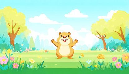 Cute cartoon animal in a spring meadow with blossom trees and colorful flowers