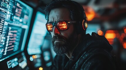 Focused programmer at night, intense coding session