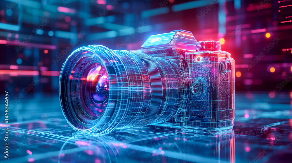 Poster digital camera in the form of a wire frame with neon illumination in blue and pink colors.