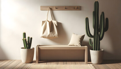 A functional, aesthetic entryway promoting mindful home living and natural textures in a modern minimal setup. Generative AI