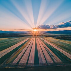 Majestic Sunset Rays over Cultivated Fields Aerial View of Agricultural Landscape at Golden Hour