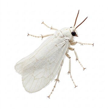White planthopper isolated on a white background. Insect with wings, antennae, and legs.