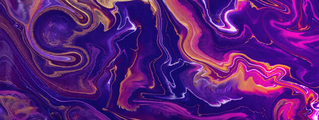 Abstract fluid art background navy blue and purple color. Liquid marble. Acrylic painting with golden lines and gradient