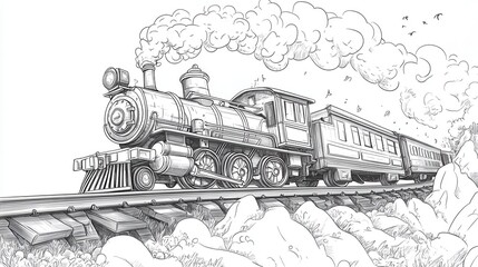 Ultra quality image of cartoon train of hand drawn line illustration,backgrounds, black and white, chart, engine, engineering, falling, horizontal, innovation, mechanic.