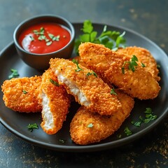 Fototapeta premium Crispy fried chicken tenders golden brown coating juicy meat center close-up plate snack fast food