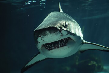 Naklejka premium Closeup of shark swimming underwater showcasing its powerful features and predatory instincts, Closeup of shark swimming underwater, showcasing its sharp teeth and streamlined body