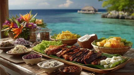 Tropical island feast with grilled chicken, rice dishes, and fresh sides.  A vibrant array of food, including grilled chicken, various rice dishes, colorful salads.