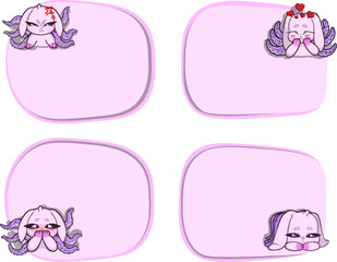 Set of pastel pink text frames featuring a sly bunny with tentacles growing from its back. Whimsical and surreal style.