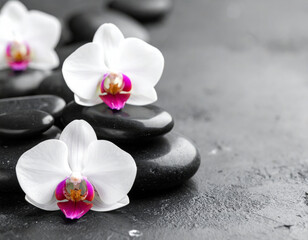 Elegant white orchids with vibrant pink centers are delicately placed on smooth black stones, creating serene and calming atmosphere perfect for relaxation and wellness