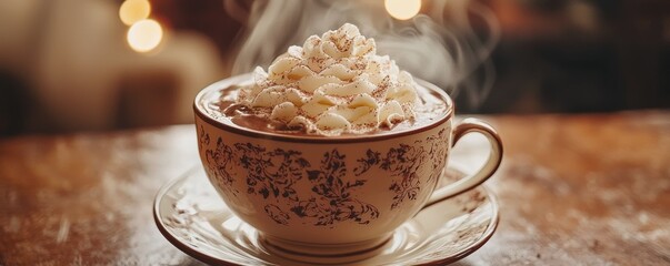 Steamy Hot Chocolate in a Vintage Cup with Melting Whipped Cream in a Cozy Inviting Setting